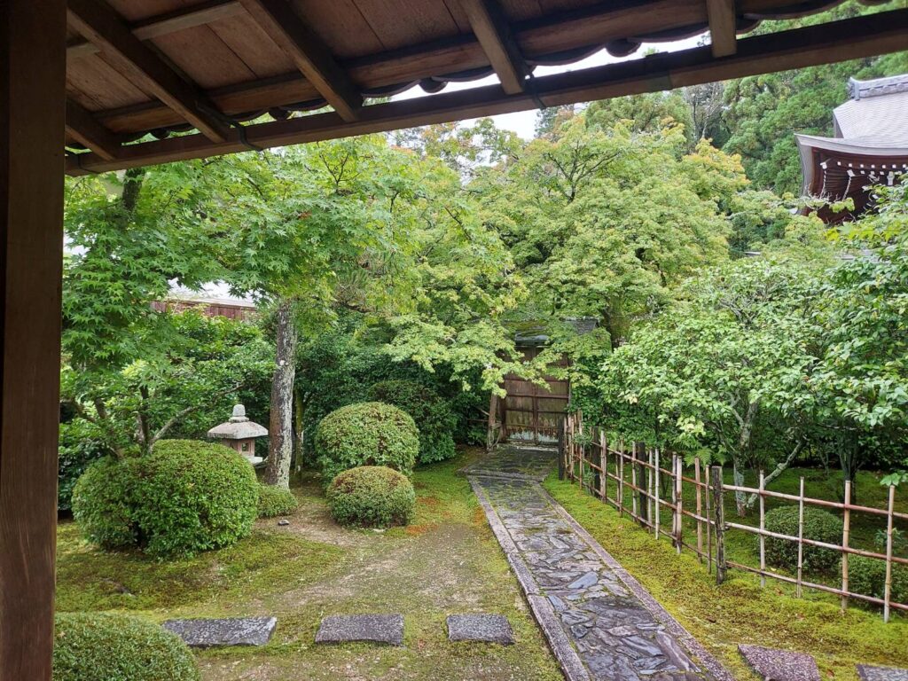 新緑の一休寺さん。雨上がりの庭に、濡れた木々と石畳の道が広がっています。