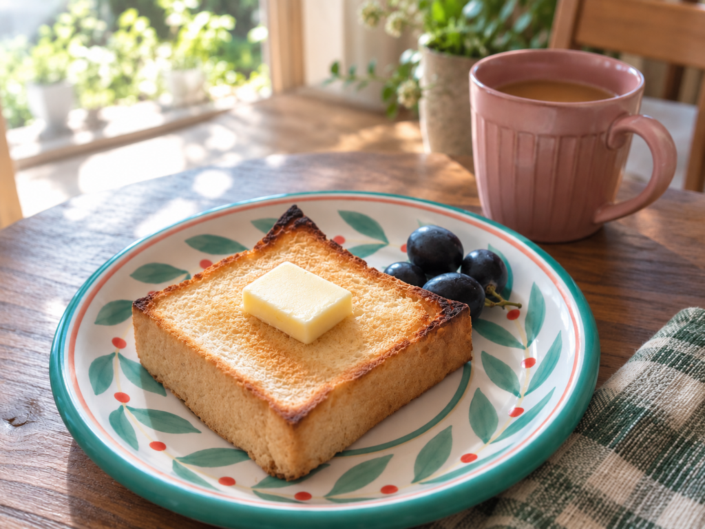 自然光の差し込む食卓で楽しむ、お米のパンとお菓子もりの厚切り米粉食パン